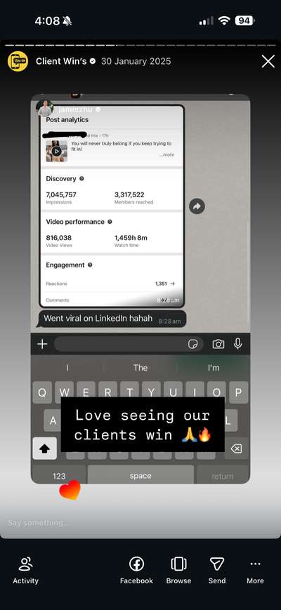 Jamie Zhu, 7M LinkedIn impressions. 3.3 million members reached, 816,038 video views, 1,459 hours of watch time. His message: went viral on LinkedIn hahah.