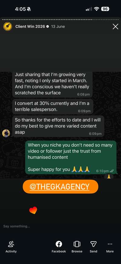 A client four months in, 30% conversion. Their words: growing very fast, only started in March, converting at 30%, and self-described as a terrible salesperson. Trust does the selling.