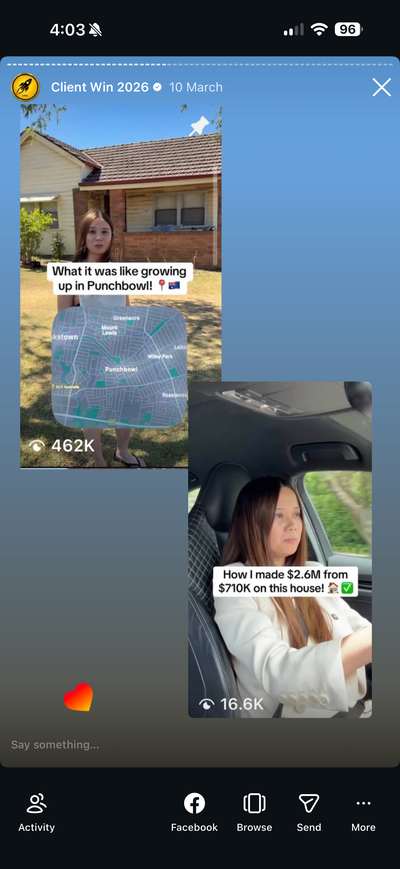 Olivia Truong, property, $2.6M from $710K. 462K on the Punchbowl story, and the property numbers video that turns reach into credibility.