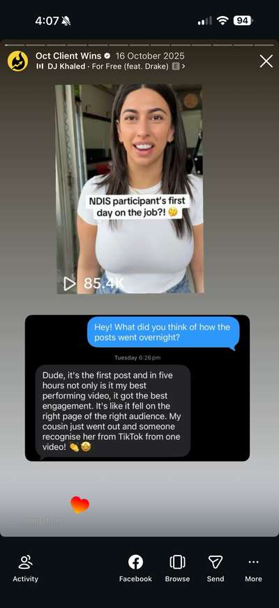 NDIS services, best video in 5 hours. First post. Their words: in five hours it's my best performing video with the best engagement, it fell on the right page of the right audience. My cousin went out and someone recognised her from TikTok.
